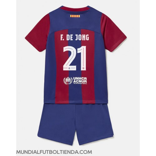 Camiseta Barcelona Frenkie de Jong #21 Primera Equipación Replica 2023-24 para niños mangas cortas (+ Pantalones cortos)